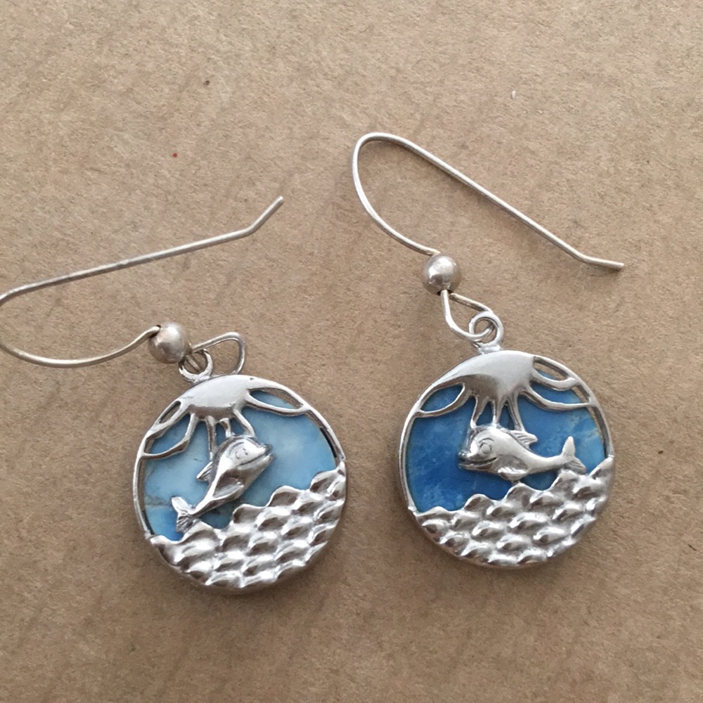 Vintage adajio 925 3-D sun Dolphin waves  Earrings